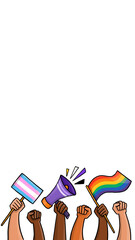 marco manifestación con megafono y bandera LGBT LGBTIQA+ homosexual trans pride con espacio para texto fondo transparente PNG - obrazy, fototapety, plakaty