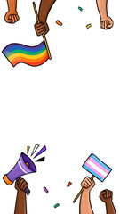 Fototapeta premium marco manifestación con megafono y bandera LGBT LGBTIQA+ homosexual trans pride con espacio para texto fondo transparente PNG