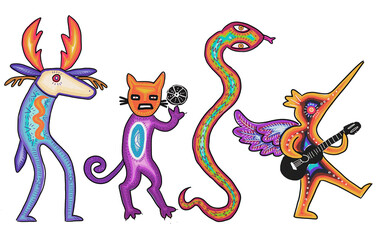 wixarika huichol animales venado gato serpiente colibri y peyote caminando mexico jalisco  fondo transparente PNG © serena