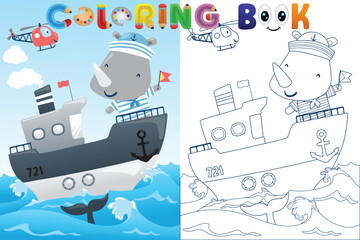 Fototapeta na wymiar Vector coloring book o cute rhino on boat with helicopter