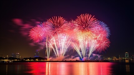 Fototapeta premium Night view of Fireworks over the city at night near the water .and fireworks in the city harbor.