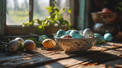 Easter eggs painted in different colors in a bowl with spring flovers, on the windowsill near the window - obrazy, fototapety, plakaty