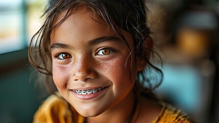 Indian young girl in braces on her teeth smiles happily. Taking care of dental health and beauty - obrazy, fototapety, plakaty