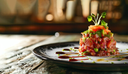 minimalist tuna tartare on restaurant - Powered by Adobe