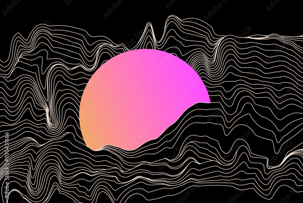 Fototapete Abstract geometric background with pattern of glitched and distorted waveforms and neon gradient circle. 