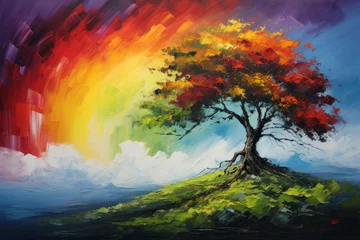 Foto op Canvas Oil painting of a rainbow sky and autumn tree, thick brush strokes in classic style © Castle Studio