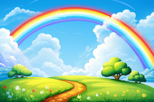 Cartoon illustration of a rainbow over a path through a grassy country side