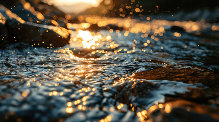 Close-up of eroded shapes glistening with water and reflecting the golden light of the sun
