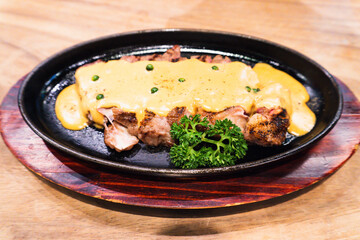 Beef steak with cheese sauce, Grilled perfection of protein platter
