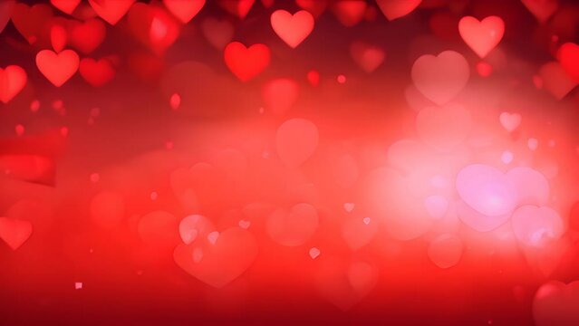 Valentine's Day background with red hearts and festive lights. Romance and celebration.