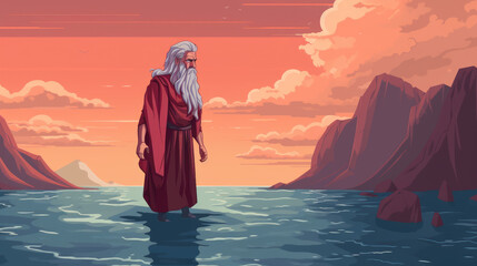 Moses holds out his staff and God parts the waters of the Yam Suph (Red sea). Religion concept
