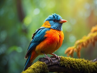 Obraz premium beautiful colorful bird sits on a branch in the forest AI generated. Bird in watercolor design. AI Generated.