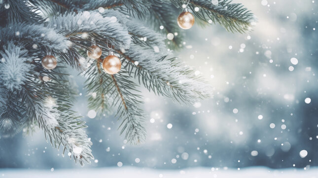 Closeup photo of Christmas tree decorated with golden balls and knitted toys in forest in snowdrifts in snowfall outdoors, banner format, copy space. Beautiful Festive Christmas snowy background. 