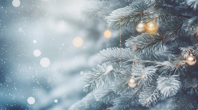Closeup photo of Christmas tree decorated with golden balls and knitted toys in forest in snowdrifts in snowfall outdoors, banner format, copy space. Beautiful Festive Christmas snowy background. 