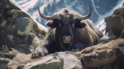 Yak on the way to Everest base camp, Nepal, Himalayas. The horned longhair buffalo. AI Generative
