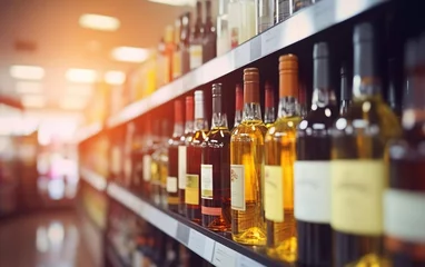 Foto auf Alu-Dibond Supermarket scene. Abstract blur wine bottles on liquor alcohol shelves in supermarket store background. AI Generative. © your_inspiration