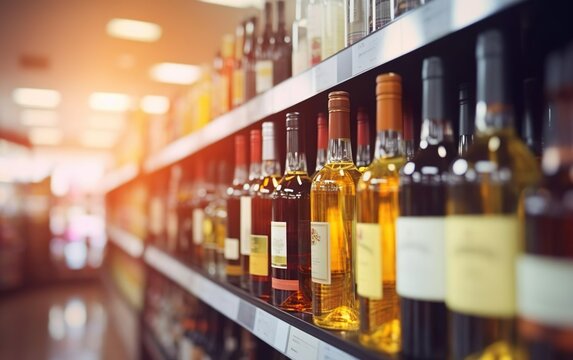 Supermarket scene. Abstract blur wine bottles on liquor alcohol shelves in supermarket store background. AI Generative.