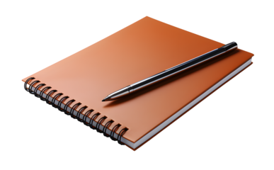 Brown notebook with pen isolated on cut out PNG or transparent background. school notebooks with spiral spring, office notepad flat lay. Realistic clipart template pattern. 
