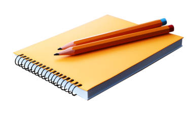 Yellow notebook with pencil isolated on cut out PNG or transparent background. school notebooks with spiral spring, office notepad flat lay. Realistic clipart template pattern.