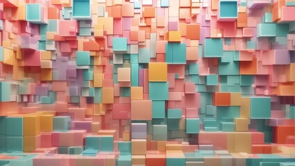 "Mesmerizing Dimensions: Abstract Bright Geometric Pastel Colors 3D Gloss Texture Wall Featuring Squares and Rectangles. A Panoramic Long Banner Illustration, a Textured Wallpaper Infused with Vibrant