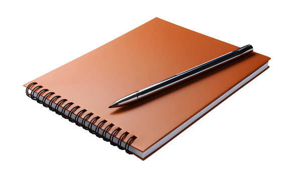 Brown notebook with pen isolated on cut out PNG or transparent background. school notebooks with spiral spring, office notepad flat lay. Realistic clipart template pattern. 