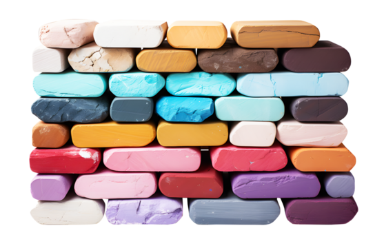 Stack of Different Colorful chalk isolated on cut out PNG or transparent background. Close up. Realistic clipart template pattern. arranged as rainbow spectrum. Educational stationery.