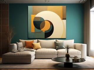 A living room with a large painting on the wall