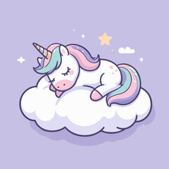 Obraz na płótnie Canvas illustration of little unicorn sleeping on cloud flat and minimalist style