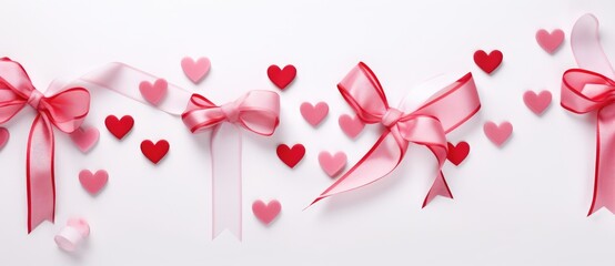 A number of hearts and ribbons on a white background