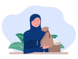 Happy woman Muslim Portrait people giving donation Zakat in Ramadan and charity flat style vector illustration