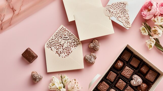 Image of an assortment of love letters with intricate lace envelopes, placed next to a box of chocolates on a pastel pink background 