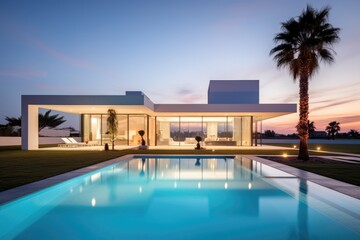 A house with a swimming pool and palm trees