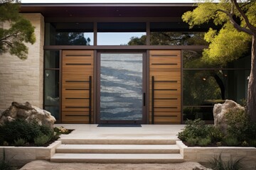 A modern house with a large wooden door