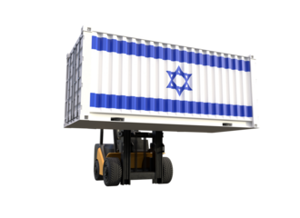 Forklift truck lifting container with Israel flag on transparent background