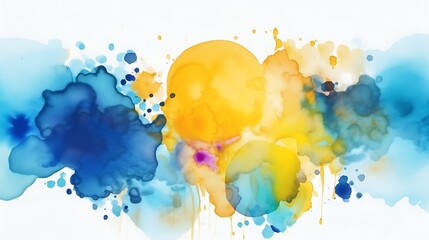 Stroke of multicolored spots. Watercolor impressions on a white background. Various shades of blue and yellow mixed. Artistic background with design replication space