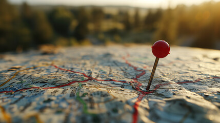 Close-Up of a Red Marker on a Road Map Highlighting a Destination, Perfect for GPS Navigation Themes, Travel Planning, and Geographic Exploration Concepts