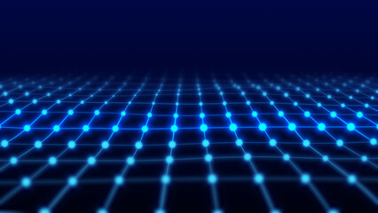 Abstract blue grid particle wave over dark background