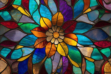 Abstract stained glass window with a flower lit from behind

