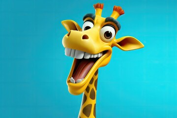 Laughing giraffe with blue background, close-up