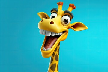 Naklejka premium Laughing giraffe with blue background, close-up