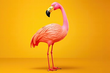 Vivid pink flamingo standing on one leg, yellow backdrop