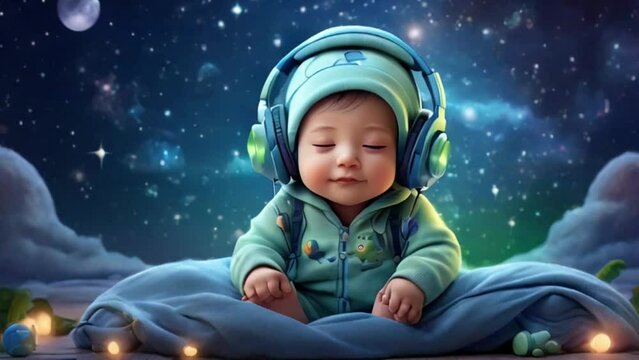 Cute and Funny baby wearing headphones sleeping lullaby cartoon, fantasy universe galaxy moon and star background, with blue and green scene lights