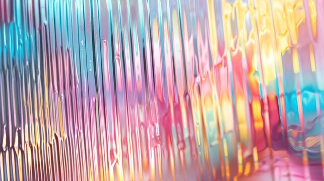 A seamless and modern iridescent rainbow corrugated ribbed glass background with a soft pastel holographic frosted window refraction pattern.
