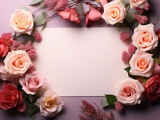 Fototapeta na wymiar White blank greeting card on the pink background with flowers, love letter