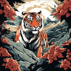 Art life of tiger in nature, Art of life animal block print style Art