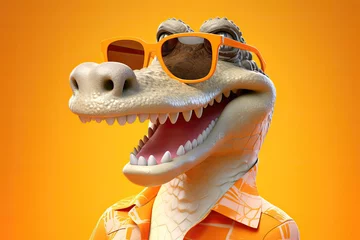 Fototapeten Grinning crocodile wearing orange sunglasses, orange hue © AdriFerrer