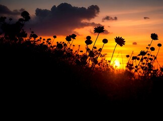 Scene of the sun setting through the small flowering trees in a forest at a beautiful sunset, lovely silhouette background