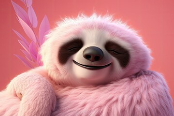 Fototapeta premium Joyful sloth with closed eyes, pink feathers in background