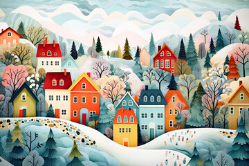 Paper town on a in winter . Cozy and colorful illustration. Cute Scandinavian houses. Nordic architecture © bit24