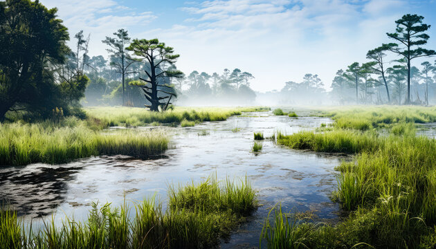 Tranquil Misty Marsh: Reflection of Nature's Beauty